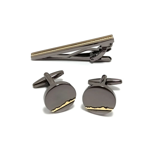 Black & Gold Roundel Cufflinks & Tie-Bar Set