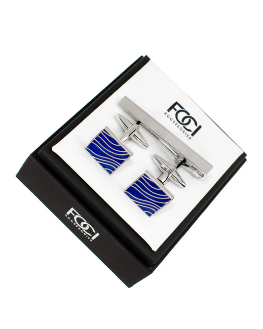 Silver Waves Cufflinks & Tie-Bar Set