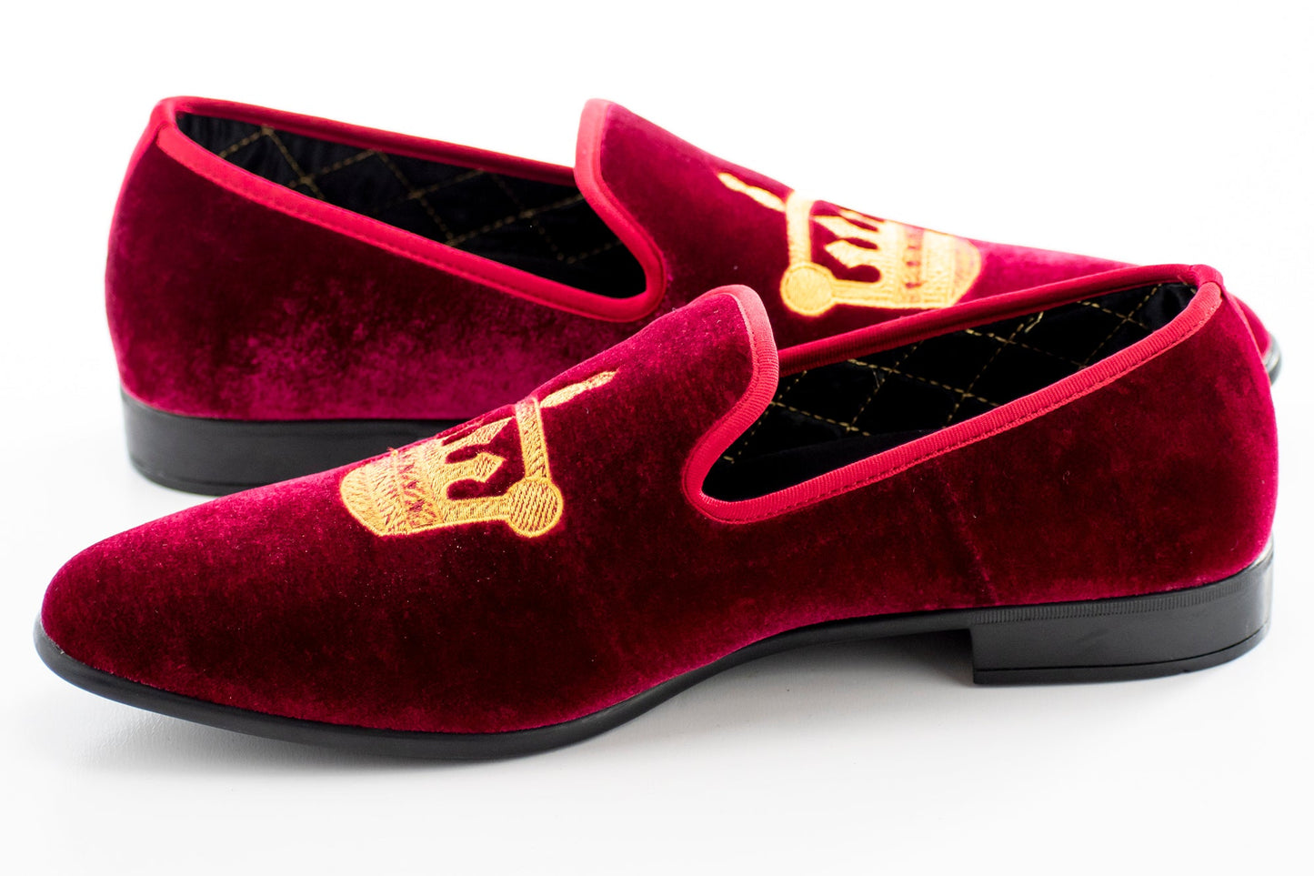 Men's King's Crown Burgundy Velvet Dress Loafer Sideview And Heel