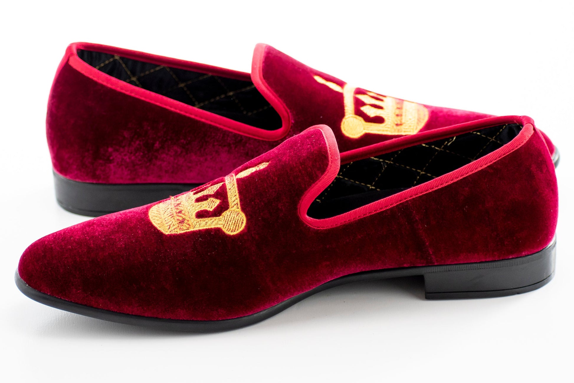 Men's King's Crown Burgundy Velvet Dress Loafer Sideview And Heel