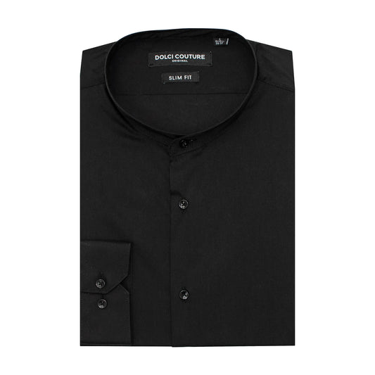 Black Stretch Slim-Fit No-Collar Dress Shirt