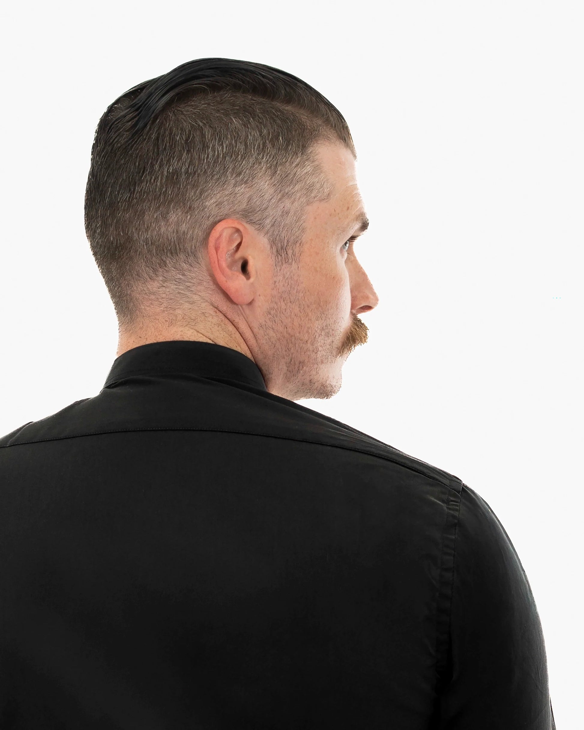 Black Stretch Slim-Fit No-Collar Dress Shirt | Back View | Dolce Vesta