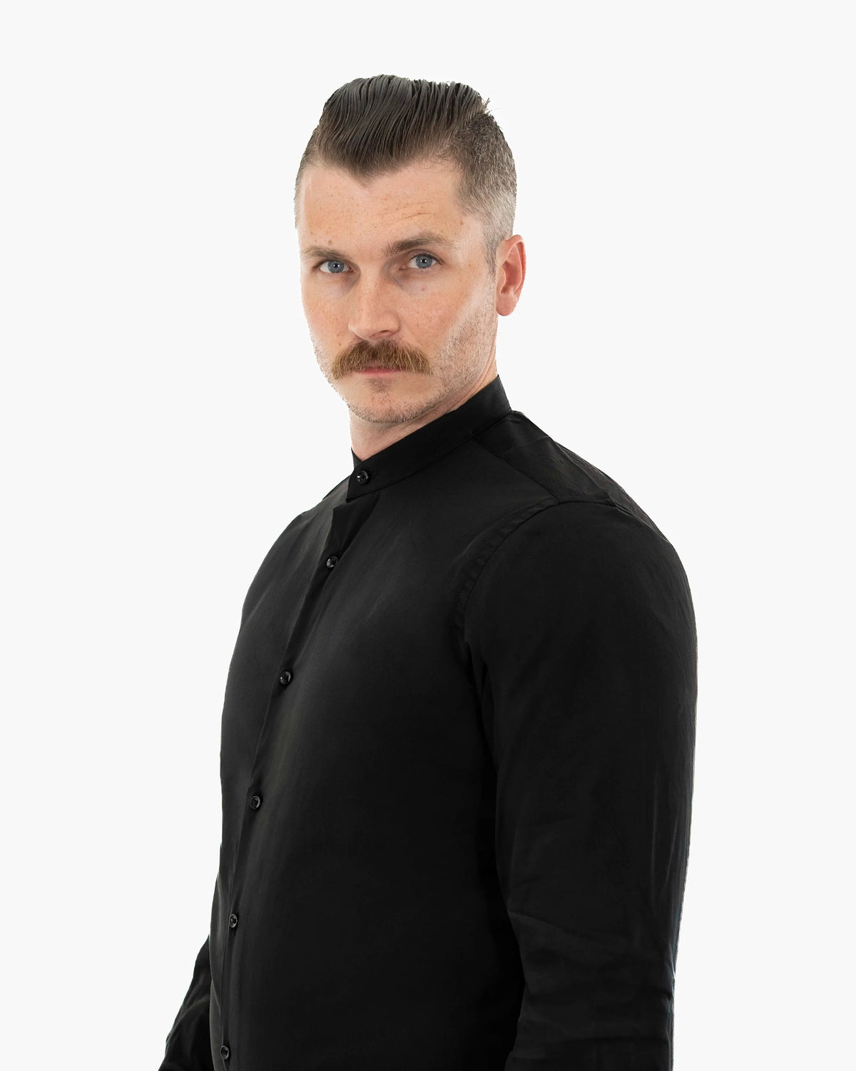 Black Stretch Slim-Fit No-Collar Dress Shirt | Collar View | Dolce Vesta