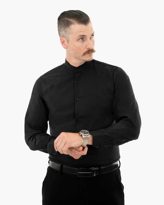 Black Stretch Slim-Fit No-Collar Dress Shirt | Front View | Dolce Vesta