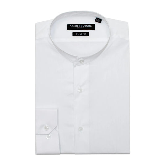 White Stretch Slim-Fit No-Collar Dress Shirt