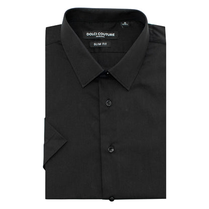 Black Stretch Slim-Fit Short Sleeve Dress Shirt | Folded view | Dolce Vesta