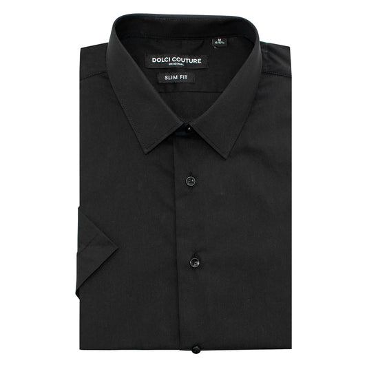 Black Stretch Slim-Fit Shortsleeve Dress Shirt