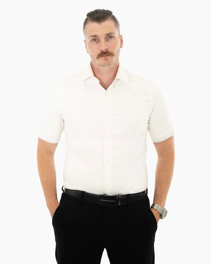 Off-White Stretch Slim-Fit Short Sleeve Dress Shirt | Front view | Dolce Vesta