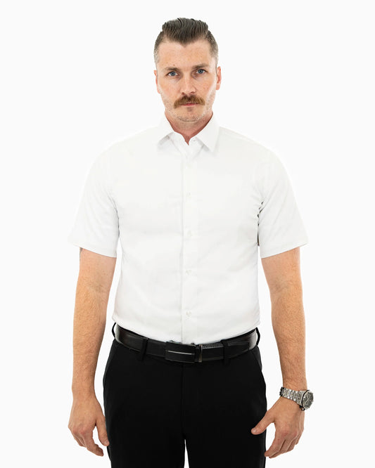 White Stretch Slim-Fit Shortsleeve Dress Shirt