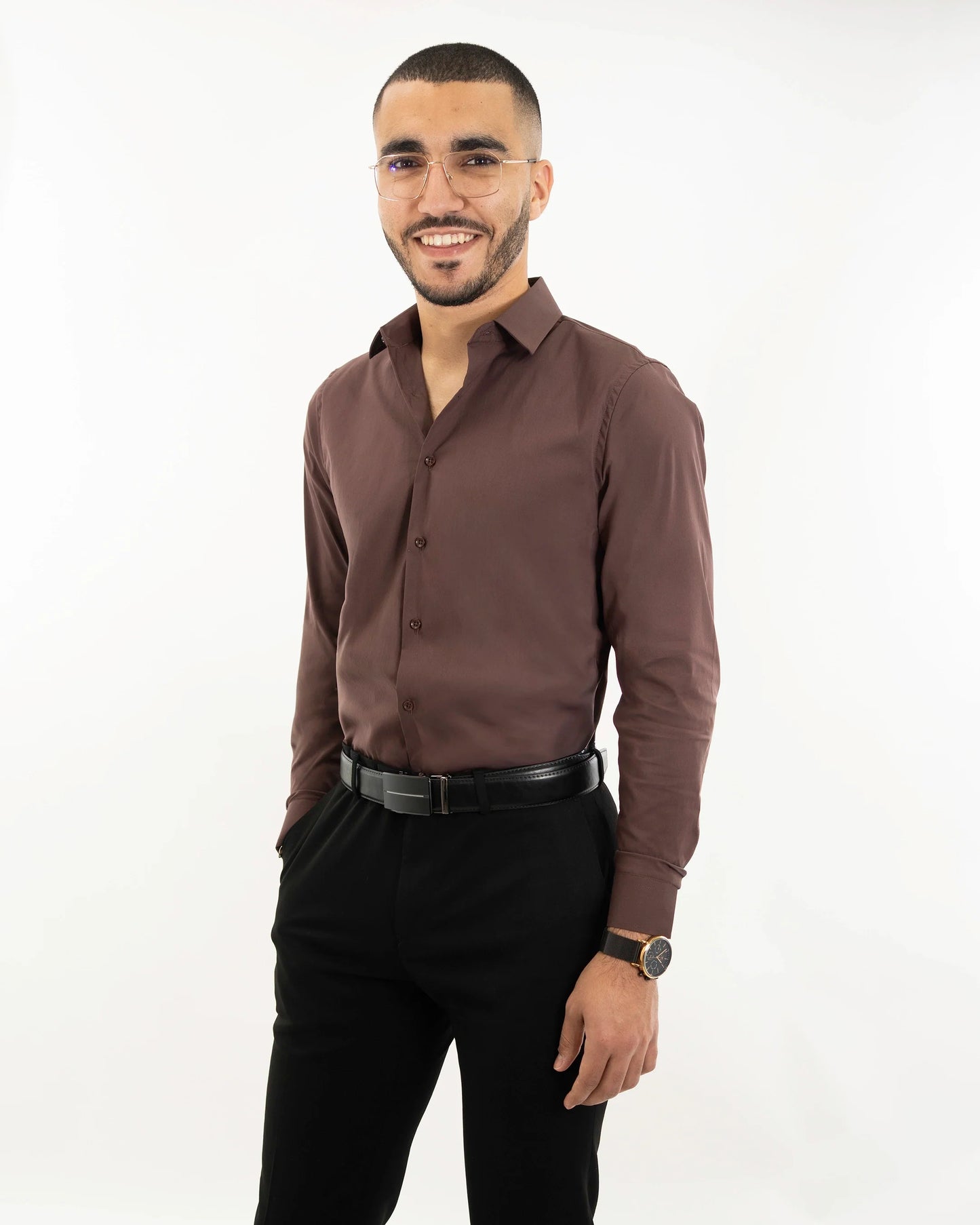 Brown Stretch Slim-Fit Dress Shirt