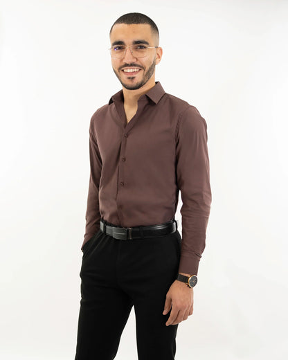 Brown Stretch Slim-Fit Dress Shirt