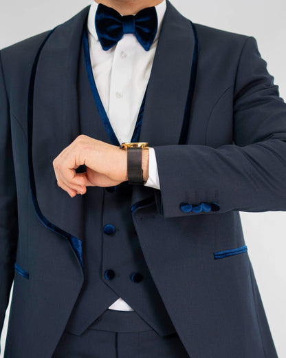 Navy Velvet Trim 3-Piece Tailored-Fit Tuxedo
