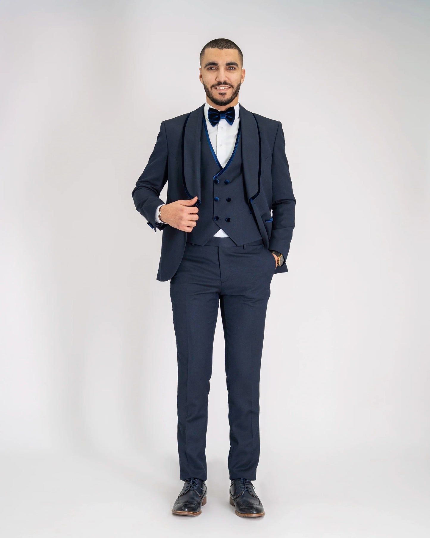 Navy Velvet Trim 3-Piece Tailored-Fit Tuxedo