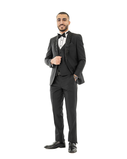 Black Rhinestone Shawl 3-Piece Tailored-Fit Tuxedo