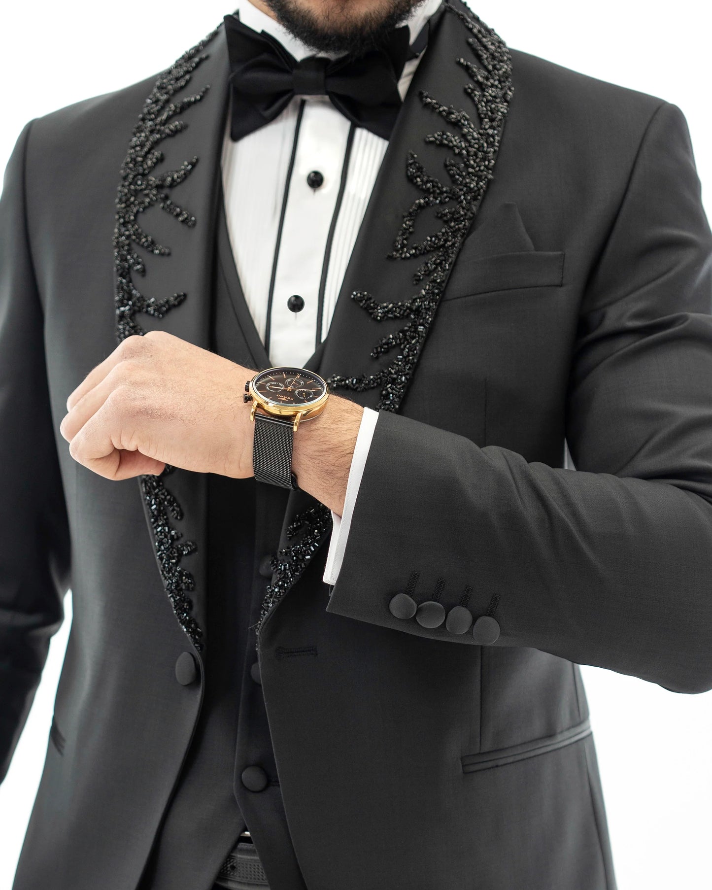 Black Rhinestone Shawl 3-Piece Tailored-Fit Tuxedo