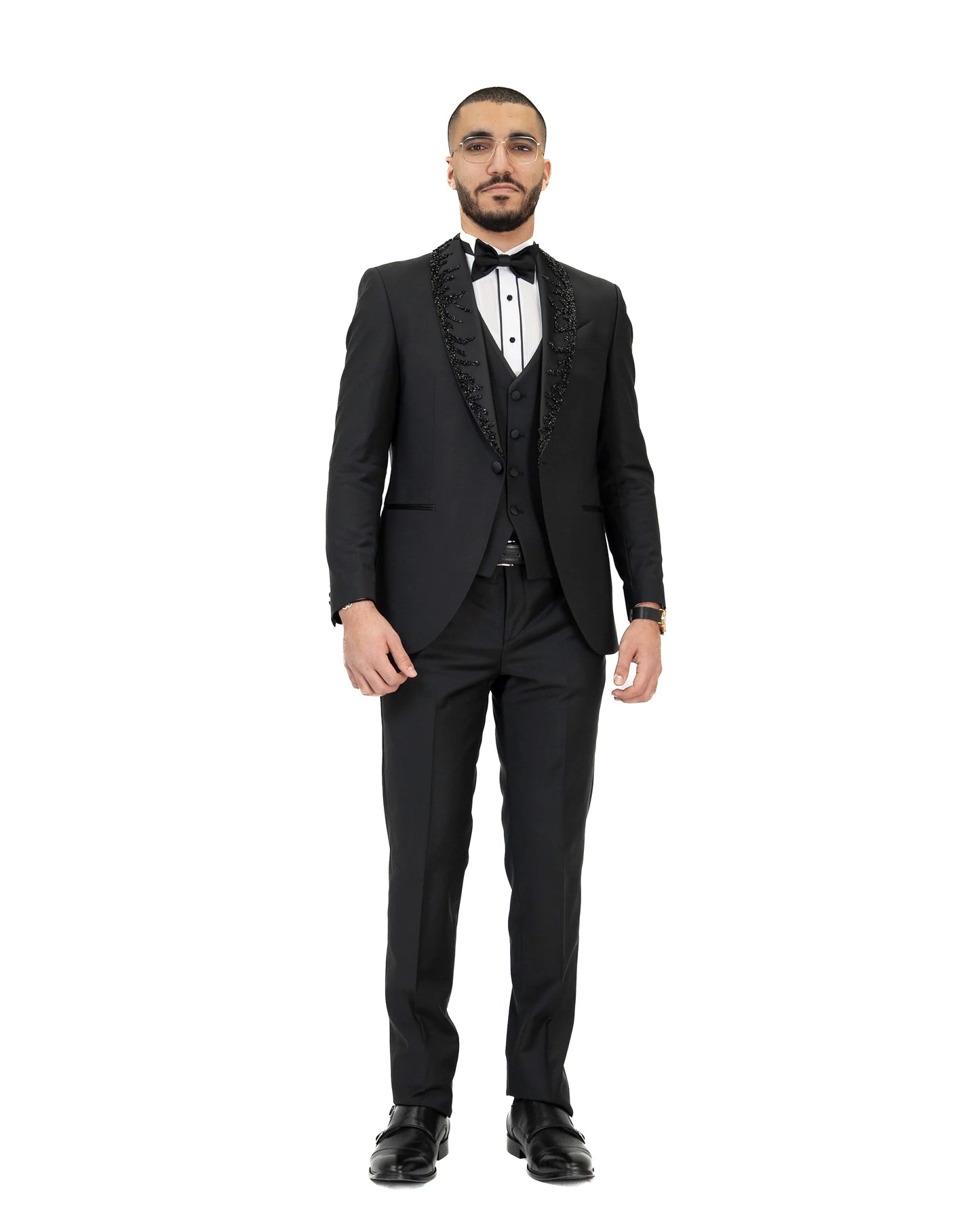 Black Rhinestone Shawl 3-Piece Tailored-Fit Tuxedo