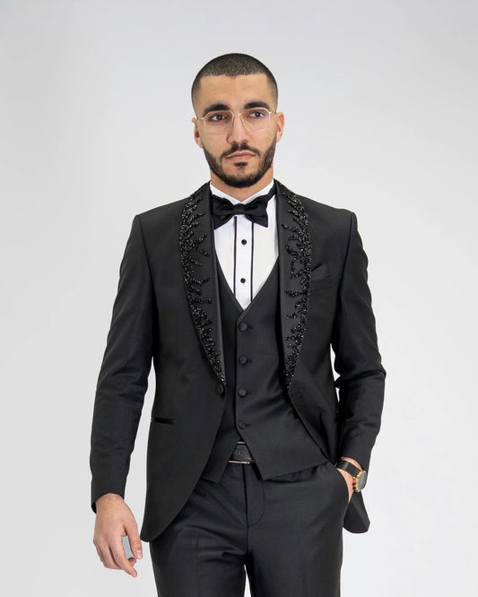 Black Rhinestone Shawl 3-Piece Tailored-Fit Tuxedo