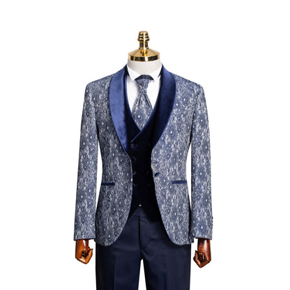 Blue Floral Lace 3-Piece Tailored-Fit Tuxedo