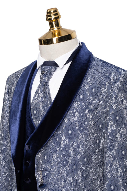 Blue Floral Lace 3-Piece Tailored-Fit Tuxedo