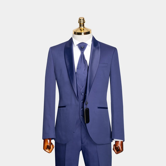 French Blue Satin Shawl 3-Piece Tailored-Fit Tuxedo