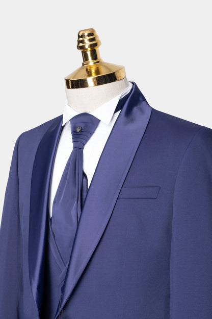 French Blue Satin Shawl 3-Piece Tailored-Fit Tuxedo