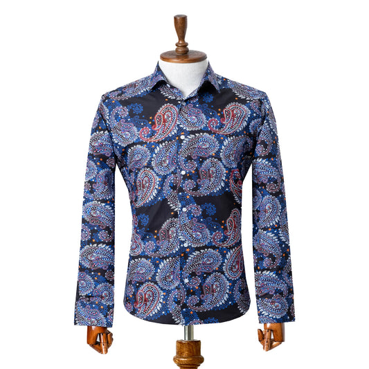 Black and Blue Paisley Slim-Fit Fashion Shirt