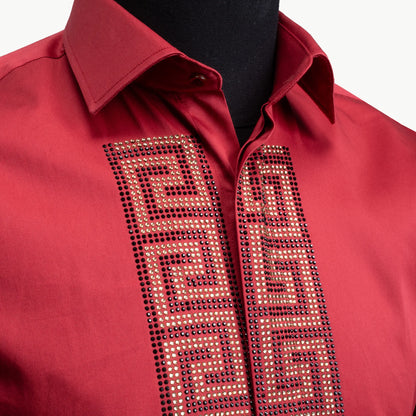 Red Gold Grecian Rhinestone Slim-Fit Fashion Shirt
