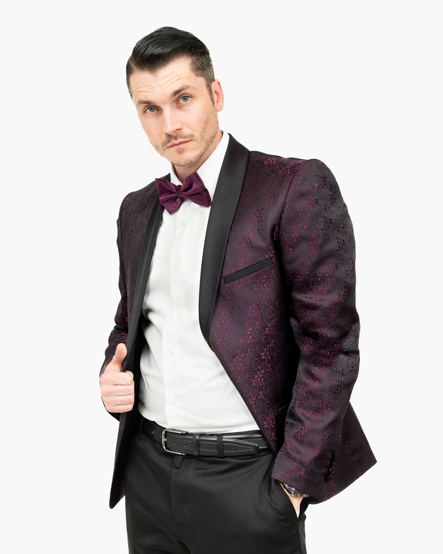 Plum Floral Scroll Patterned 2-Piece Slim-Fit Tuxedo