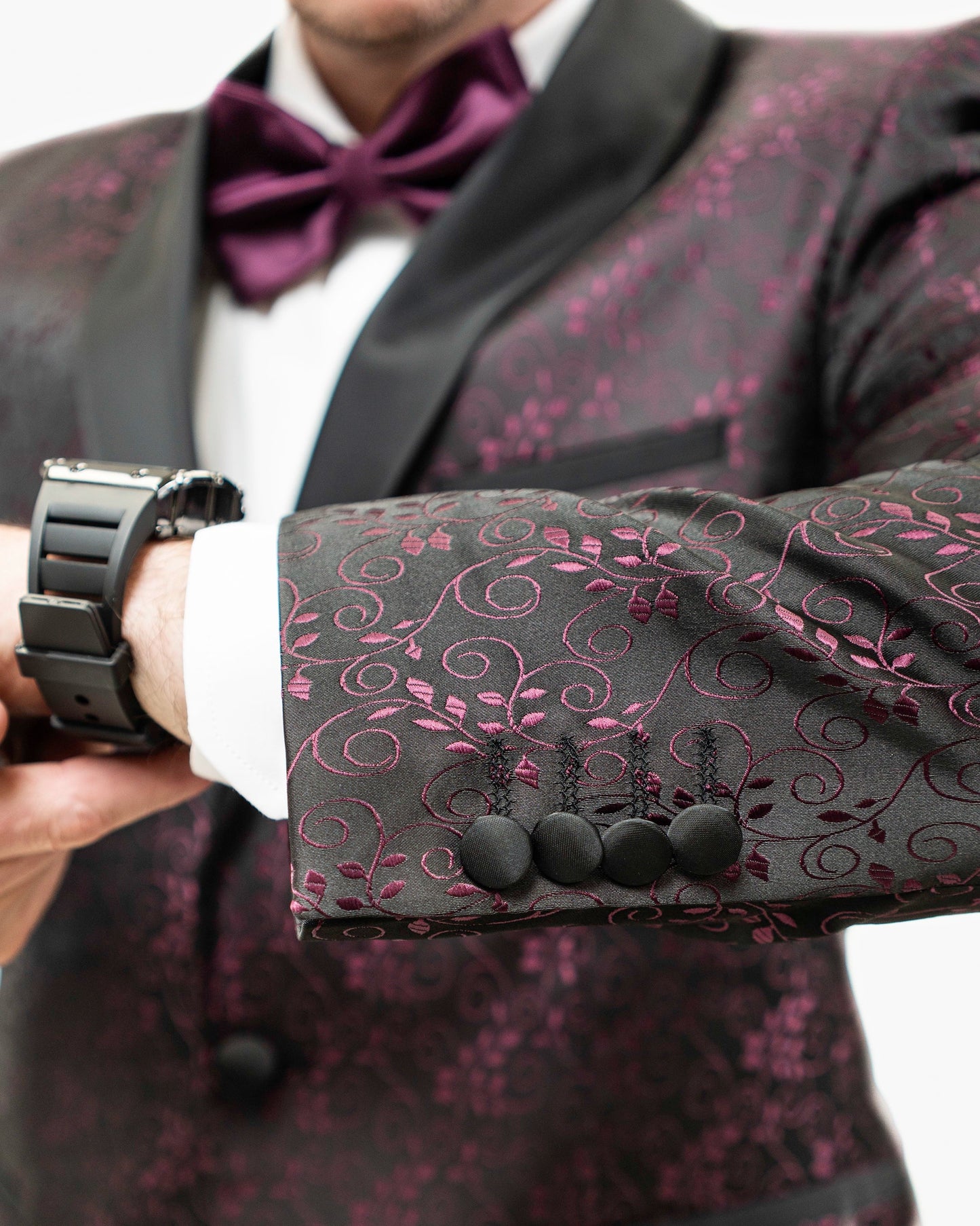 Plum Floral Scroll Patterned 2-Piece Slim-Fit Tuxedo