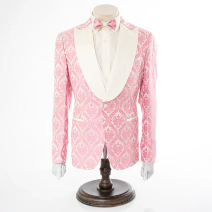Men's Pink And White Damask Floral 3-Piece Tailored-Fit Tuxedo With Peak Lapels And Vest