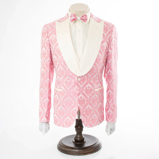 Men's Pink And White Damask Floral 3-Piece Tailored-Fit Tuxedo With Peak Lapels And Vest