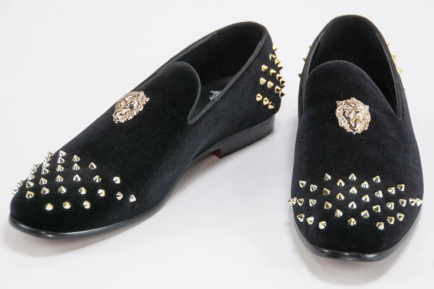 Men's Black Velvet Spiked Loafer With Lion's Head