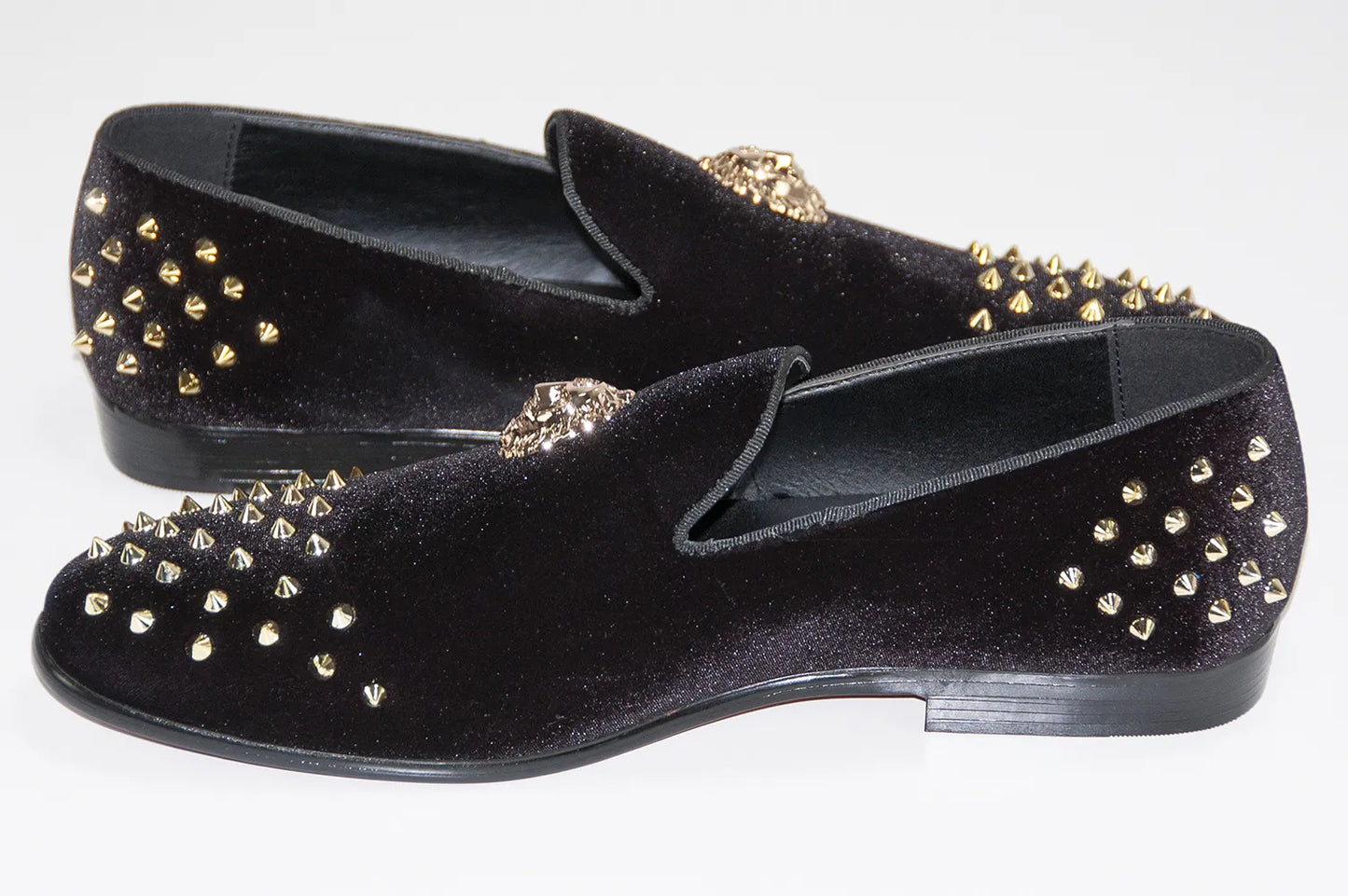 Men's Black Velvet Spiked Loafer With Lion's Head