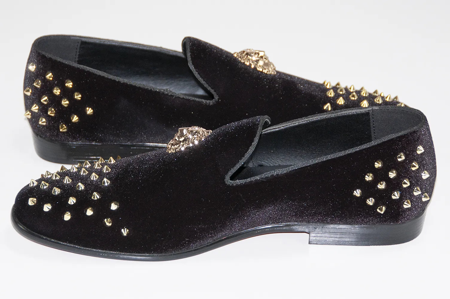 Men's Black Velvet Spiked Loafer With Lion's Head