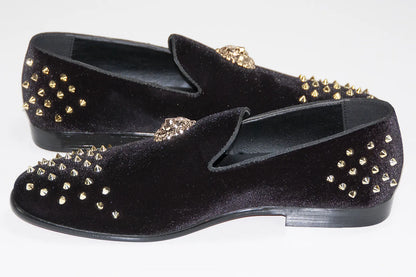 Men's Black Velvet Spiked Loafer With Lion's Head