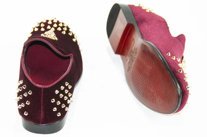 Men's Burgundy Velvet Spiked Loafer With Lion's Head