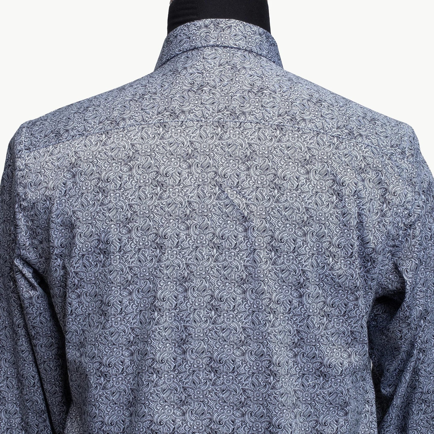 Navy Blue and White Paisley Satin Slim-Fit Fashion Shirt