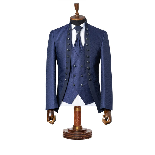 Alistair | Navy Damask Blue 3-Piece Slim-Fit Western Tuxedo