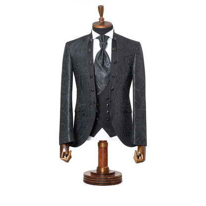 Alistair | Black Paisley 3-Piece Slim-Fit Western Tuxedo With Solid Vest