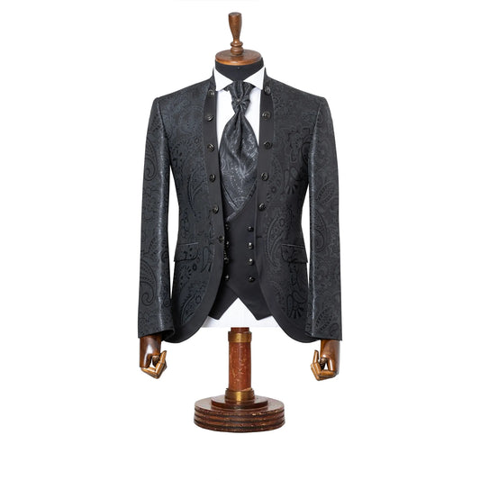Alistair | Black Paisley 3-Piece Slim-Fit Western Tuxedo With Solid Vest