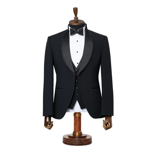 Black 3-piece slim-fit tuxedo With Trimmed Shawl Lapel