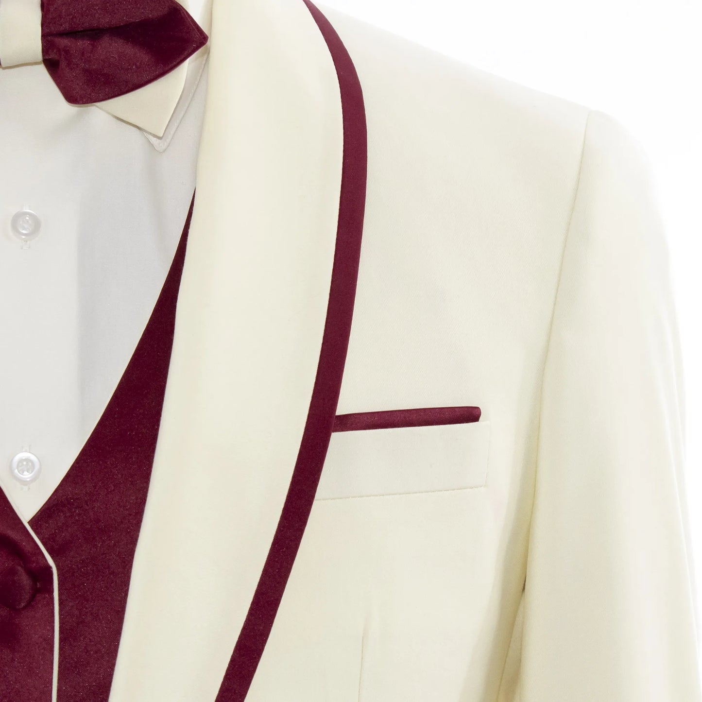 Burgundy Trim on Cream Stretch 3-Piece Slim-Fit Tuxedo