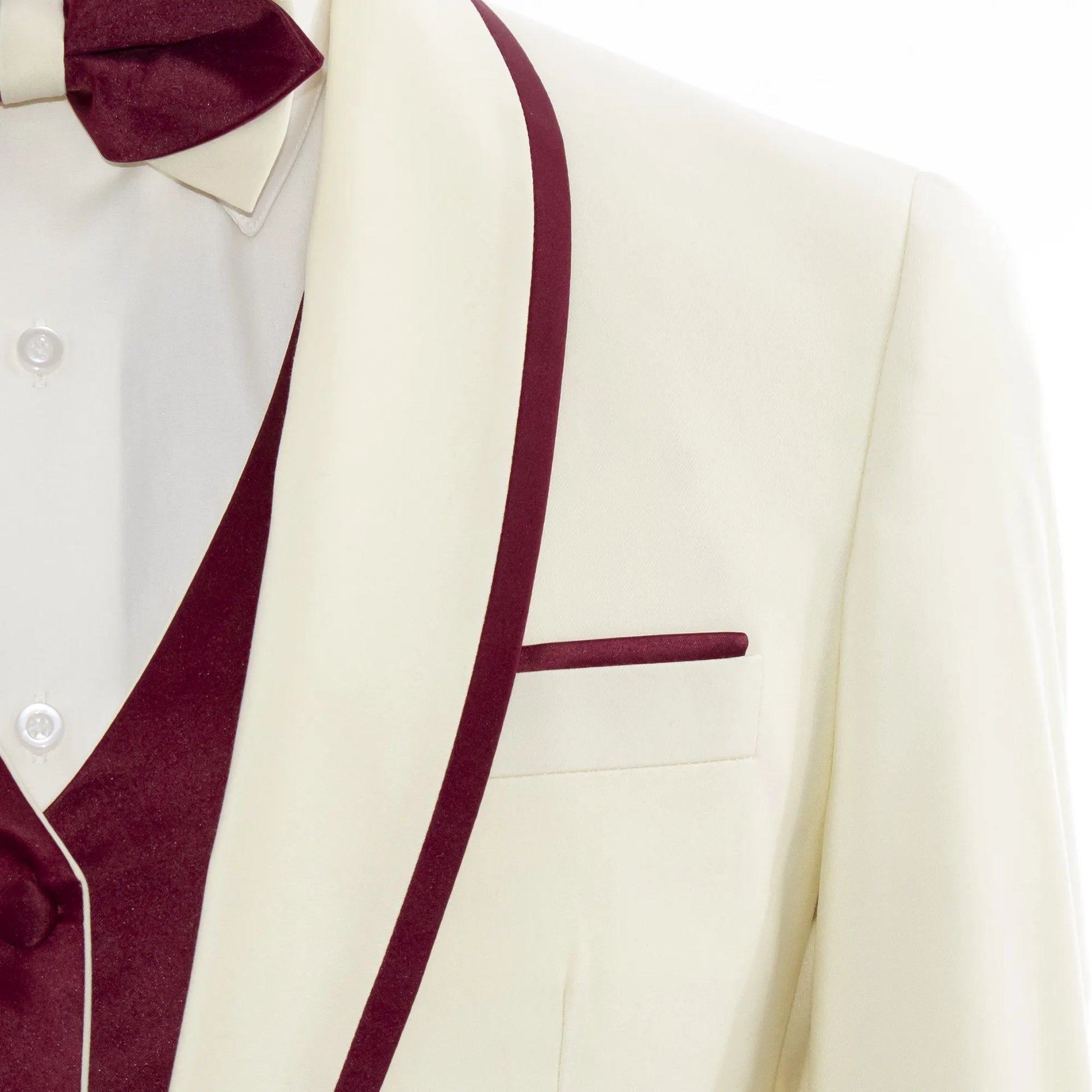 Burgundy Trim on Cream Stretch 3-Piece Slim-Fit Tuxedo