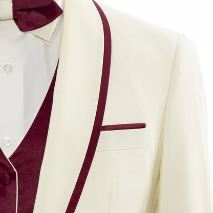 Burgundy Trim on Cream Stretch 3-Piece Slim-Fit Tuxedo