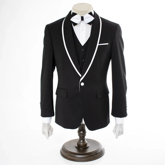 White Trim on Black Stretch 3-Piece Slim-Fit Tuxedo