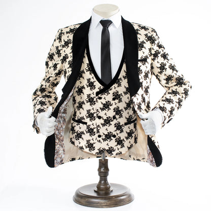 Champagne with Black Floral Pattern 3-Piece Tailored-Fit Tuxedo