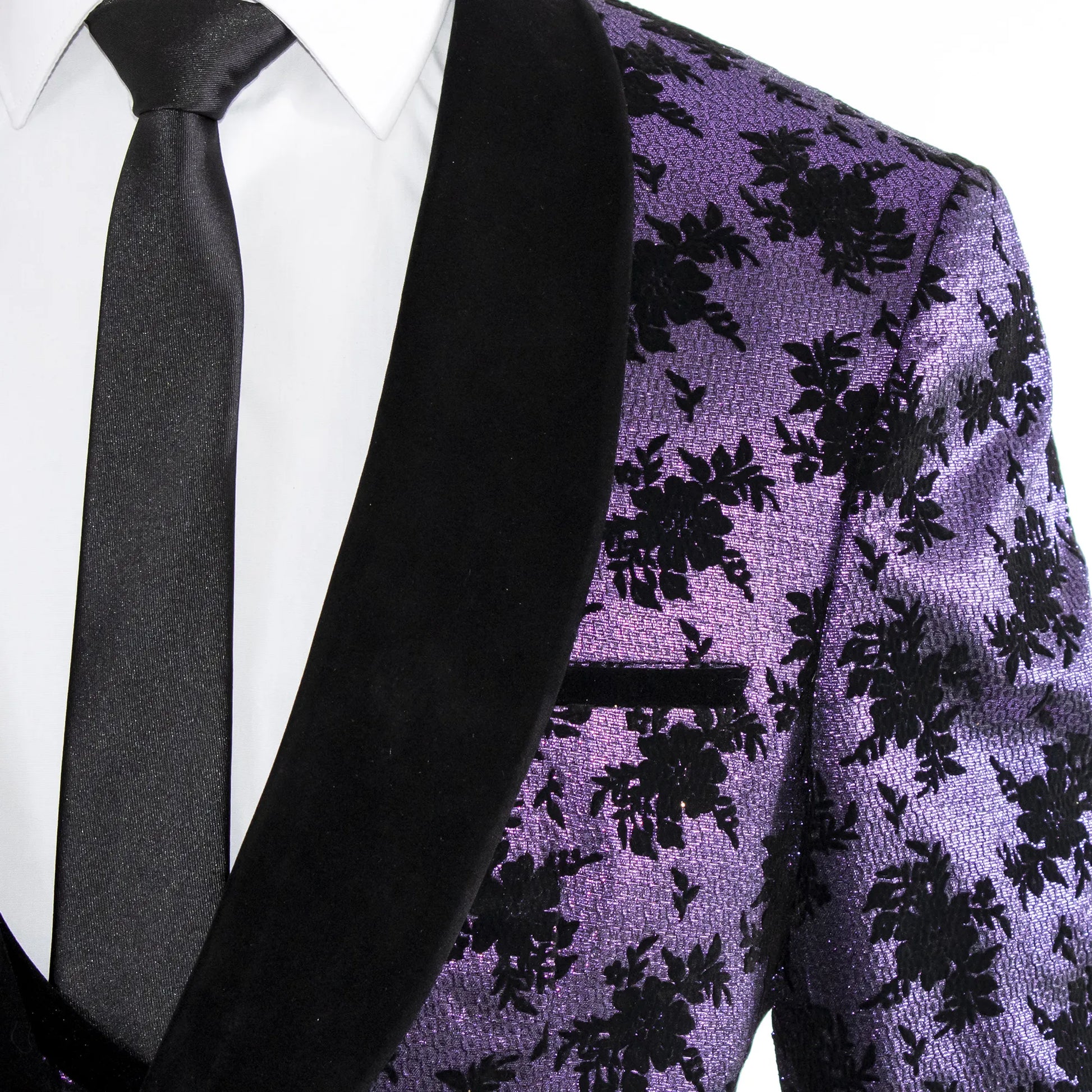Purple with Black Floral Pattern 3-Piece Tailored-Fit Tuxedo